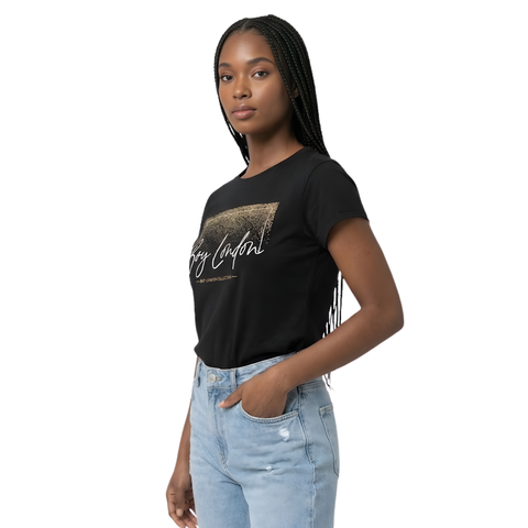 Playera Boy London Mujer Negra Glitter Dorado Cursiva
