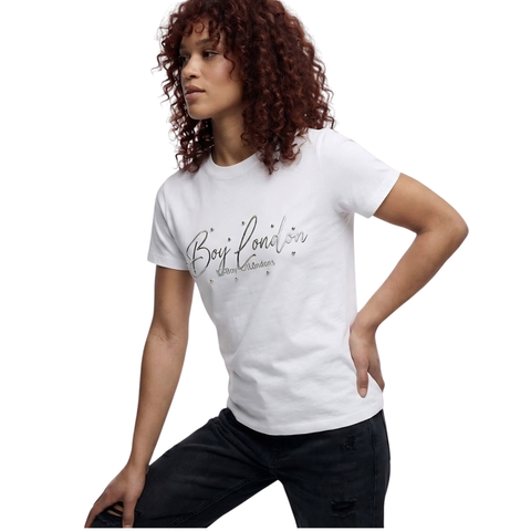 Playera Boy London Mujer Blanca Plateado Perlas
