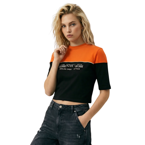 Playera Boy London Mujer Naranja Negro England Crop
