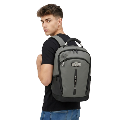 Mochila Boy London Gris Negra Águila Placa Gunmetal