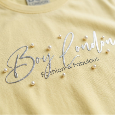 Playera Boy London Mujer Amarillo Pastel Plateado Perlas