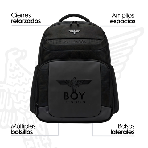 Mochila Boy London Negra Panel Vinipiel Águila Reliev