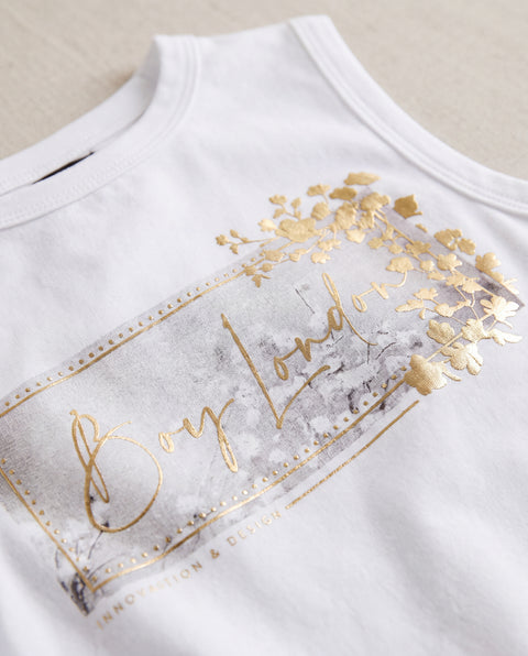 Playera Sin Mangas Blanca Mujer Boy London Mármol Dorado