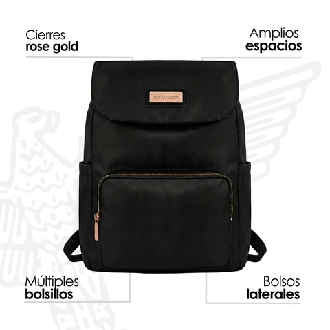Mochila Boy London Mujer Negra Placa Rose Gold Solapa