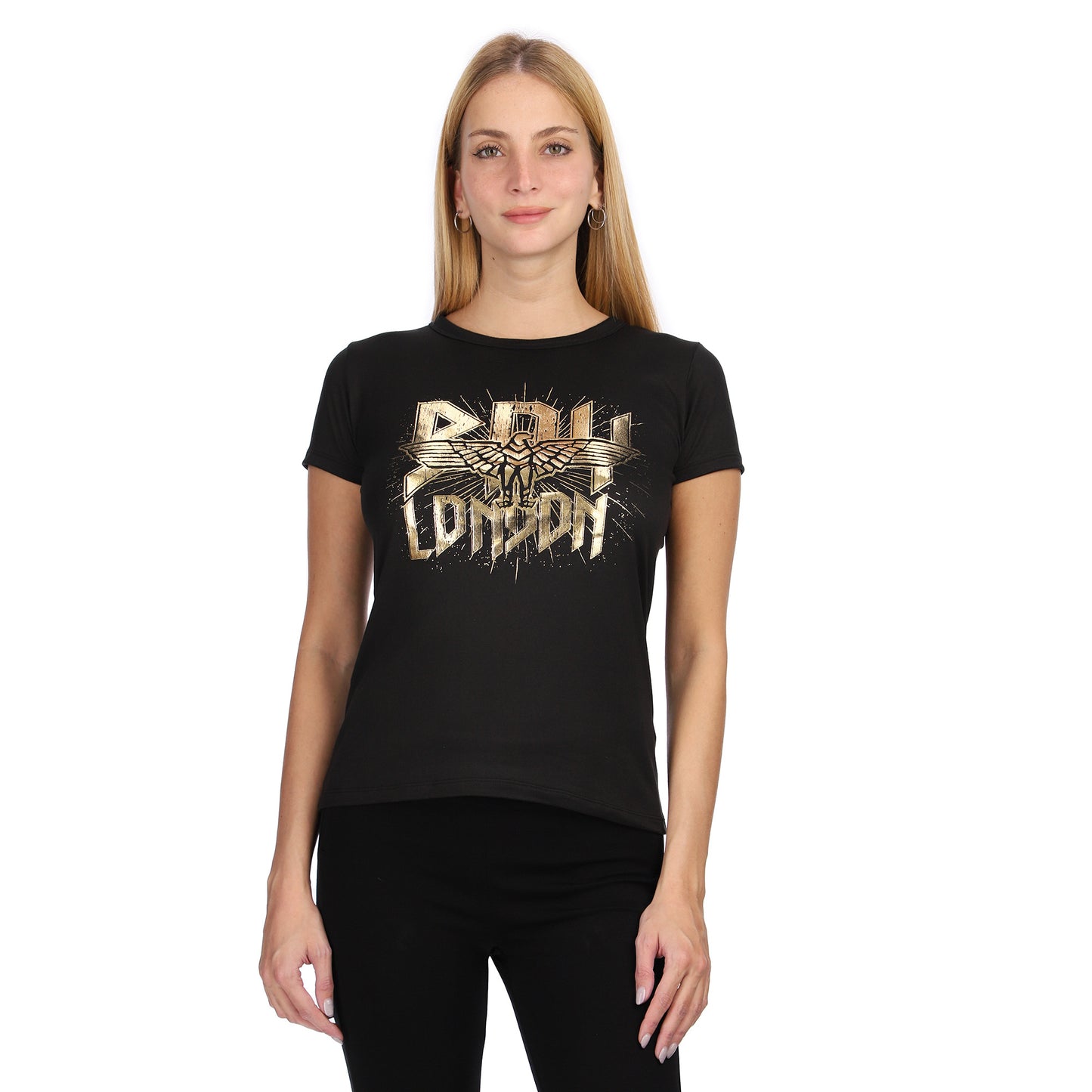Playera Negra Manga Corta Mujer Estampado Oro Boy London