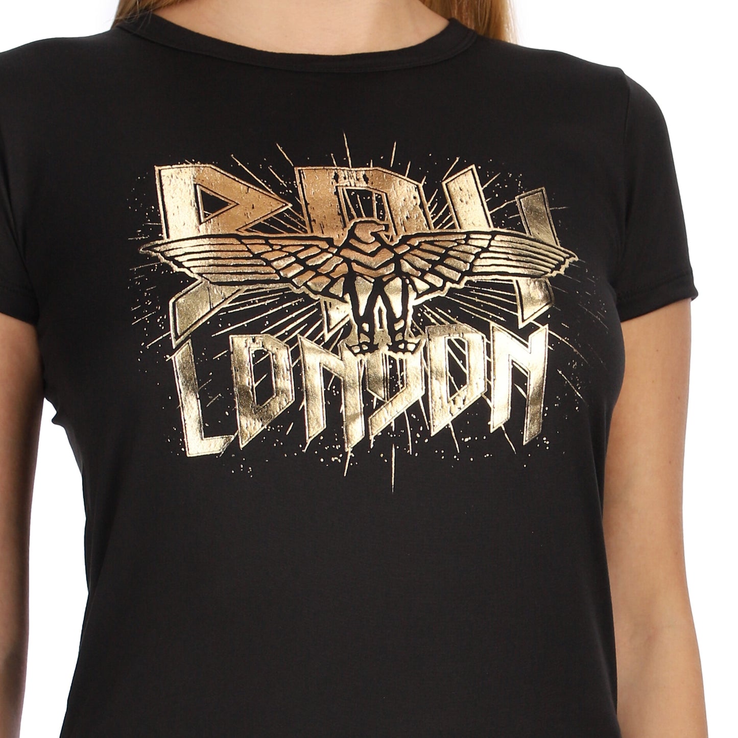 Playera Negra Manga Corta Mujer Estampado Oro Boy London
