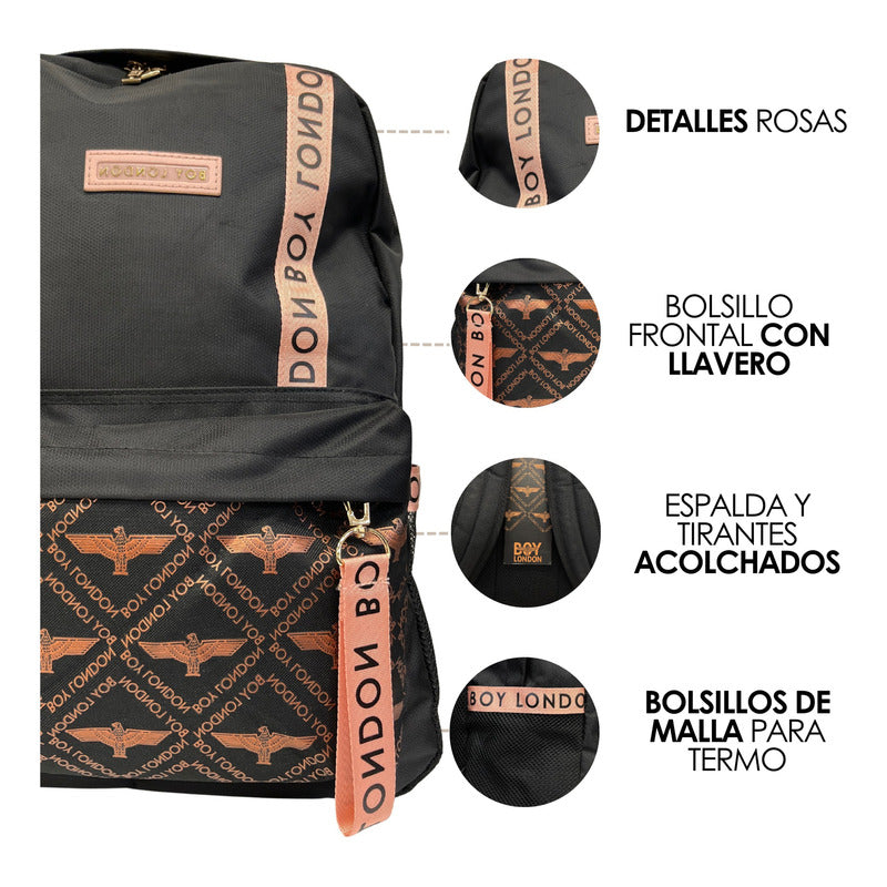 Mochila Juvenil De Moda Casual Escolar Negro Rosa Kawaii Con Colgantes Boy London