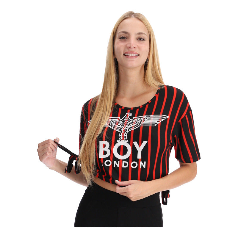 Crop Top Negro Dama Franjas Rojas Letras Blancas Boy London