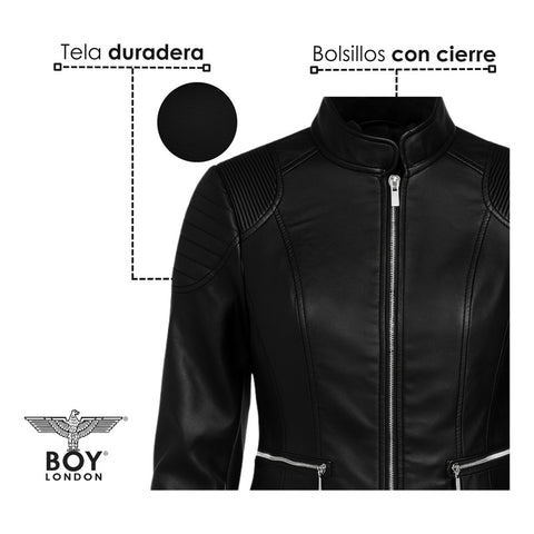 Chamarra Vinipiel Negra Casual Cierres Biker Dama Boy London