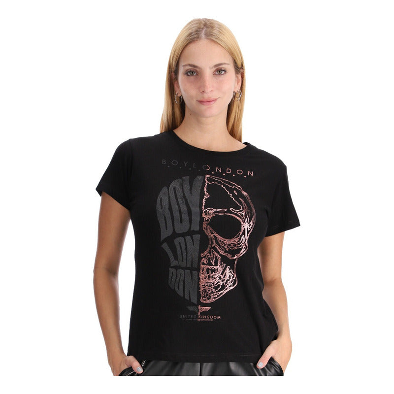 Playera Negra Mujer Silueta De Craneo Texturizado Boy London