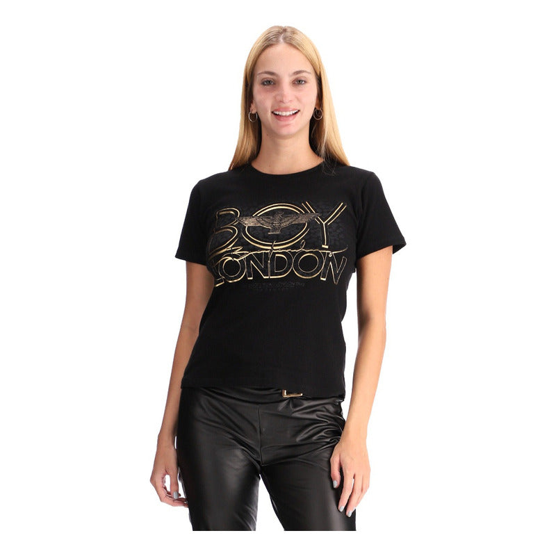 Playera Negra Mujer Letras Brillos Foil Oro Boy London