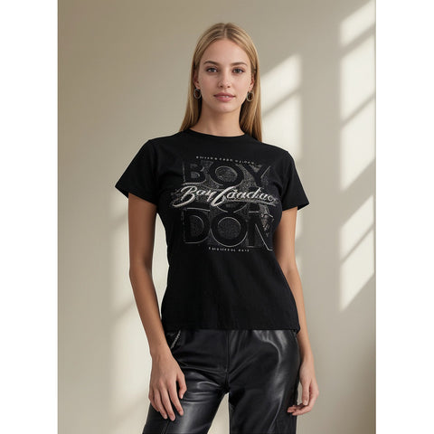 Playera Negra de Mujer Algodon Foil Rosa Texturizada Boy London