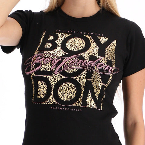 Playera Negra de  Mujer Foil Oro Letras Rosas Brillos Boy London