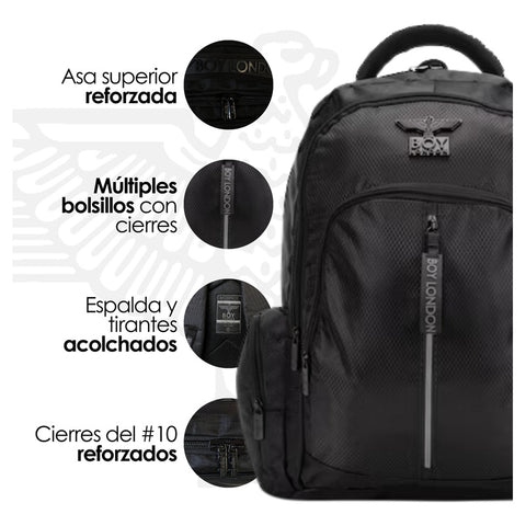 Backpack Mochila Negra Reflejante Placa Metálica Boy London