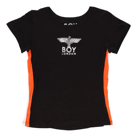 Playera Boy London Mujer Negra Franjas Naranja Águila