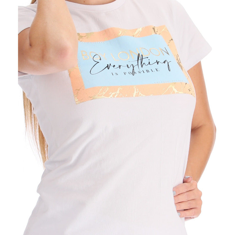 Playera Blanca Mujer Algodon Manga Corta Pedreria Boy London