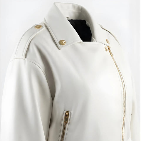 Chamarra De Vinipiel Biker Blanca Dama Boy London