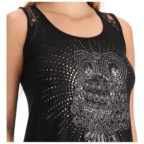 Blusa Boy London Mujer Negra Búho 3D Lentejuelas