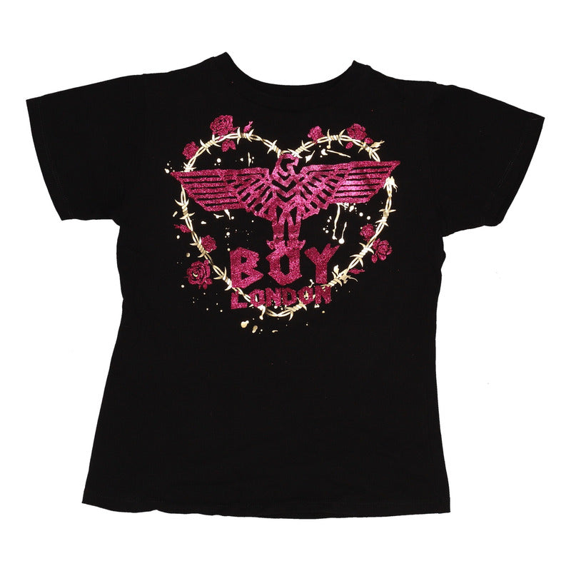 Playera Negra Mujer Flores Brillos Rosa Foil Oro Boy London