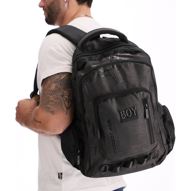 Backpack Mochila Reforzada Casual Escolar Boy London Color Negro Diseño De La Tela Liso