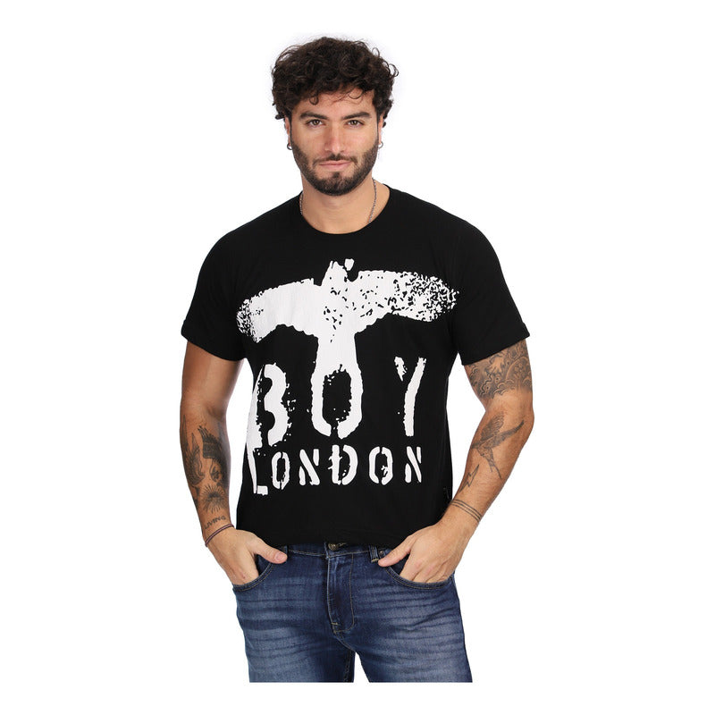 Playera Negra Manga Corta Estampado Águila Blanca Boy London