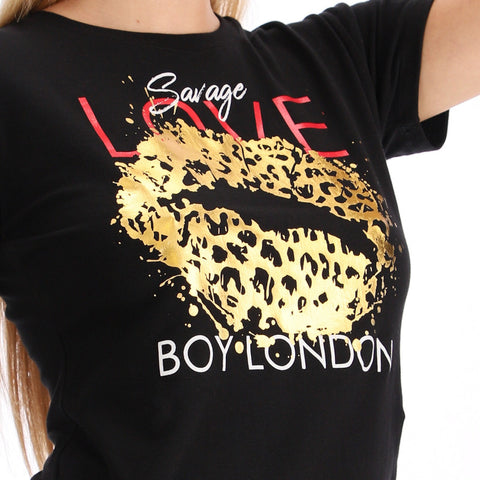 Playera Negra Mujer De Algodon Labios Foil Oro Boy London