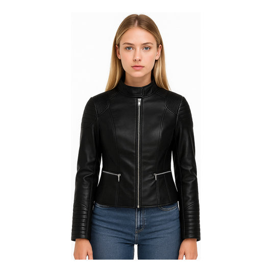 Chamarra Vinipiel Negra Casual Cierres Biker Dama Boy London