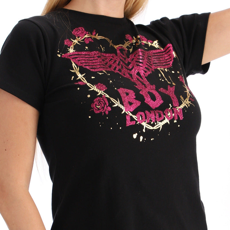 Playera Negra Mujer Flores Brillos Rosa Foil Oro Boy London