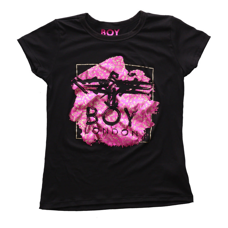Playera Negra De Mujer Con Foil Rosa Metalico Boy London