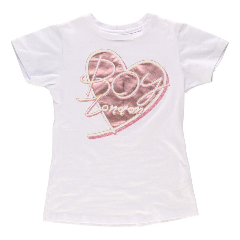 Playera Blanca Mujer Brillos Foil Rosa Algodon Boy London