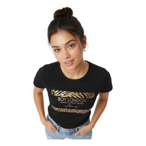 Playera Negra Boy London Mujer Animal Print Dorada Negro