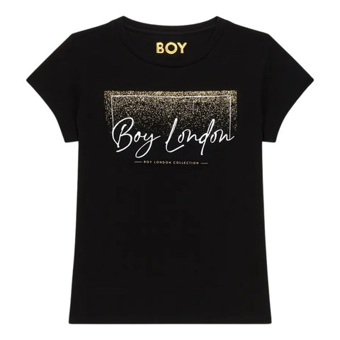 Playera Boy London Mujer Negra Glitter Dorado Cursiva
