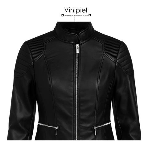 Chamarra Vinipiel Negra Casual Cierres Biker Dama Boy London