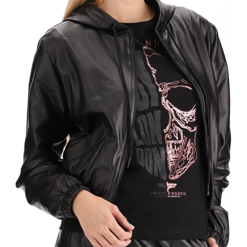 Sudadera Negra Vinipiel Con Gorro Para Mujer Boy London