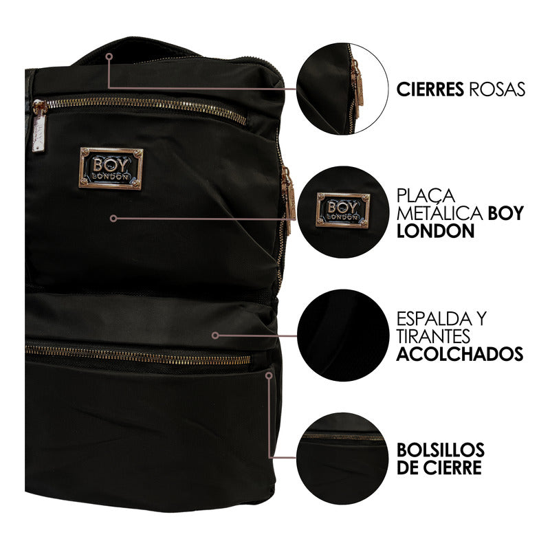 Mochila Negra Casual Urbana Cierres Rosa Metálico Boy London