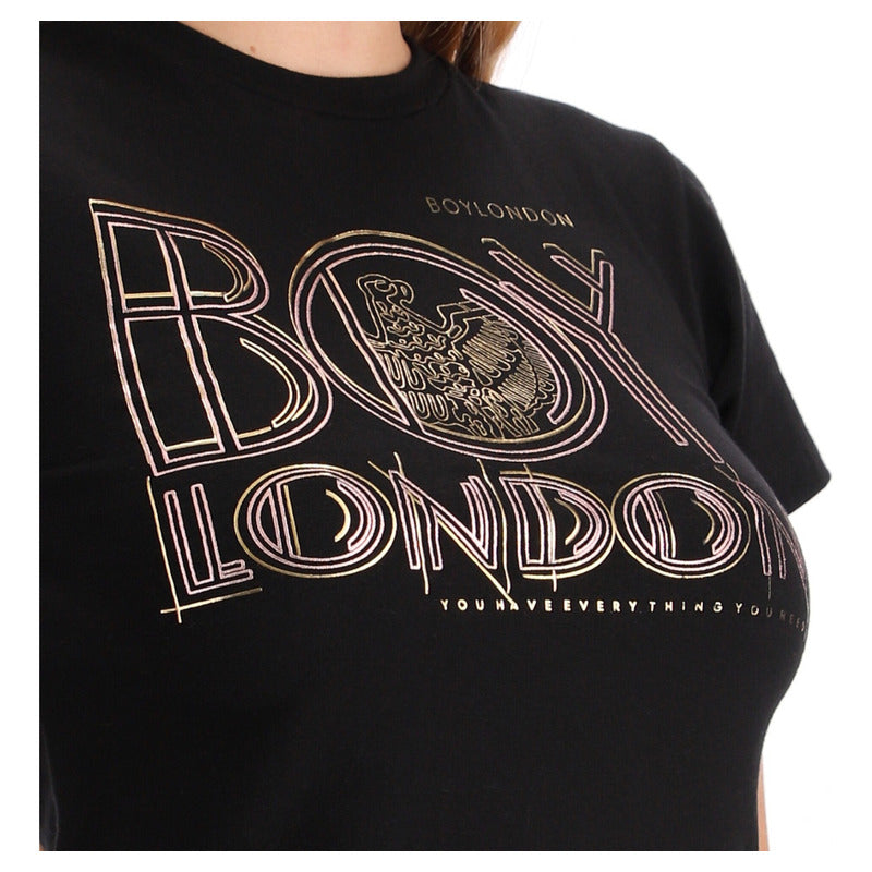 Playera Negra Mujer Letras Rose Gold Foil Oro Boy London