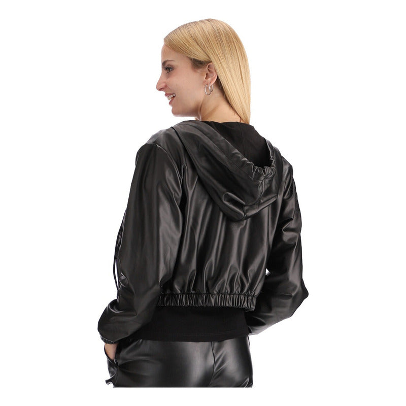 Sudadera Negra Vinipiel Con Gorro Para Mujer Boy London