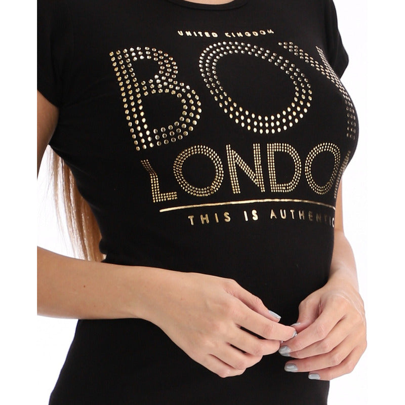 Playera Mujer De Algodon Pedreria Letras Boy London
