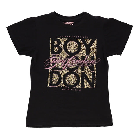 Playera Negra de  Mujer Foil Oro Letras Rosas Brillos Boy London