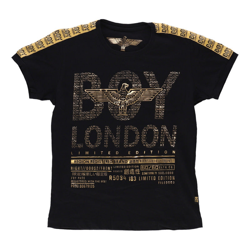 Playera Negra Hombre Letras Foil Dorado Estampado Boy London