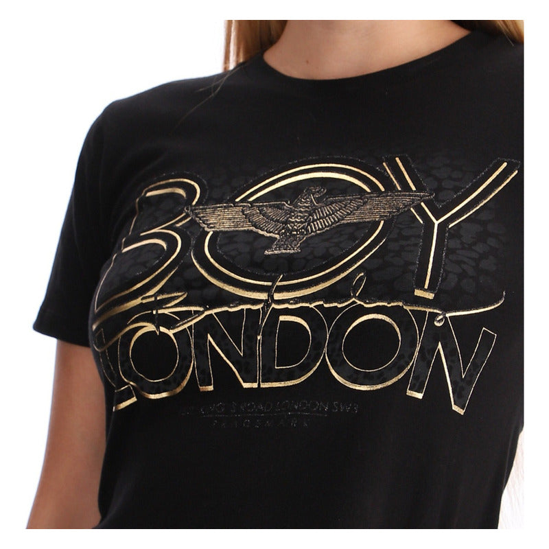 Playera Negra Mujer Letras Brillos Foil Oro Boy London
