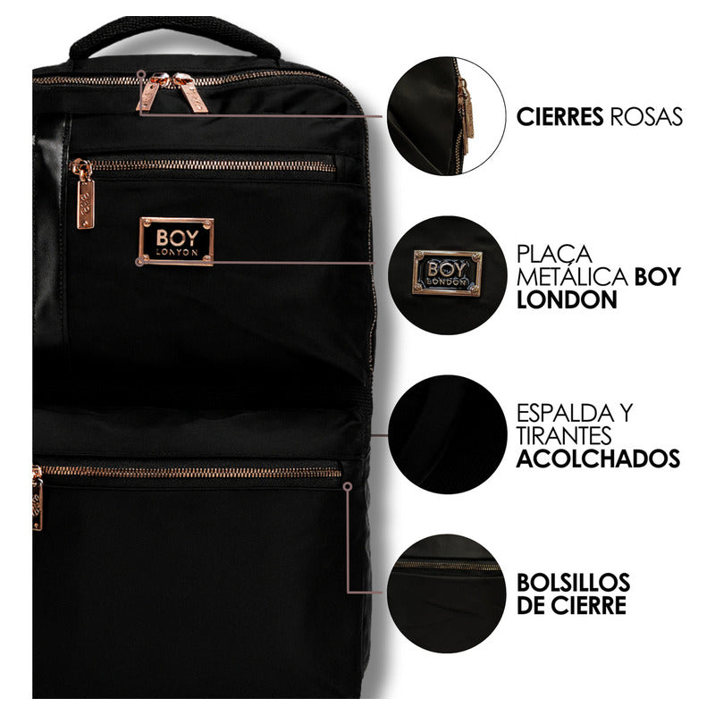 Mochila Negra Casual Urbana Cierres Rosa Metálico Boy London Color Negro Y Rosa Diseño De La Tela Lisa