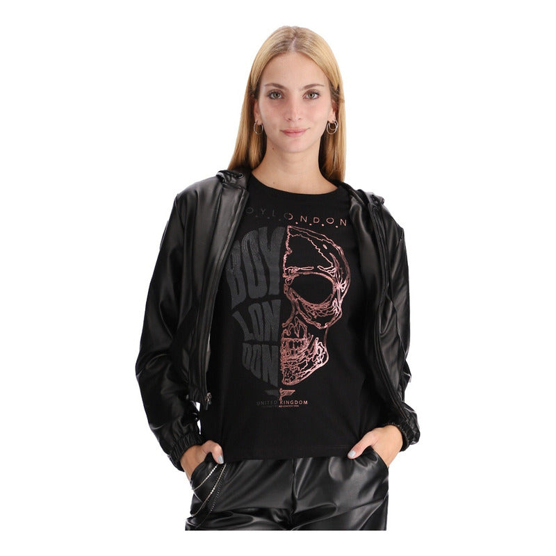 Sudadera Negra Vinipiel Con Gorro Para Mujer Boy London