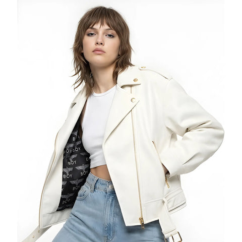 Chamarra De Vinipiel Biker Blanca Dama Boy London
