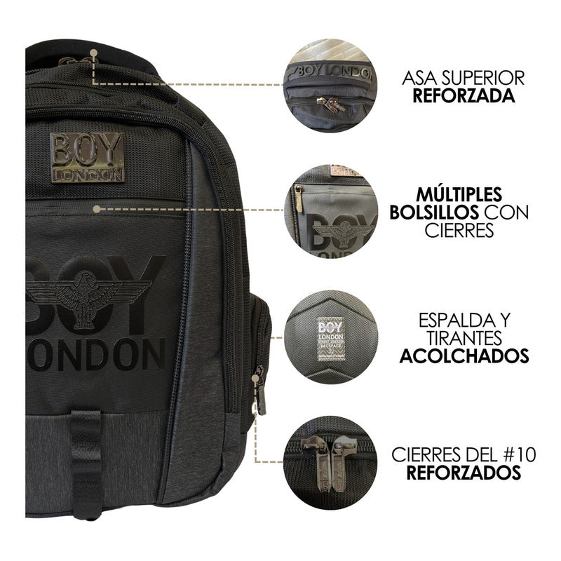 Mochila Escolar Backpack Negra Gran Capacidad Cierres Reforzados Boy London Color Negro Diseño De La Tela Lisa