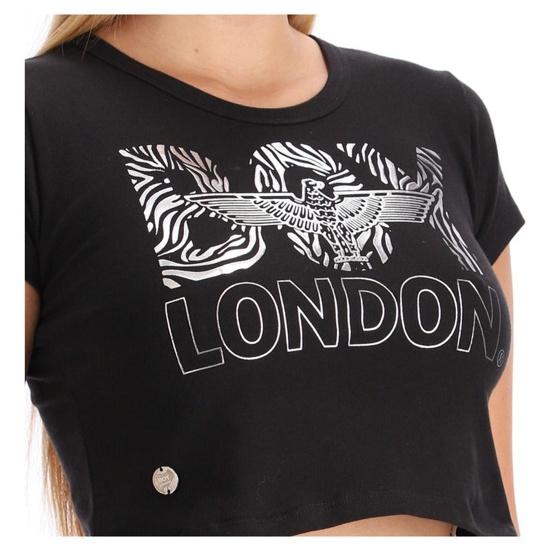 Crop Top Negro Dama Estampado Letras Foil Plata Boy London