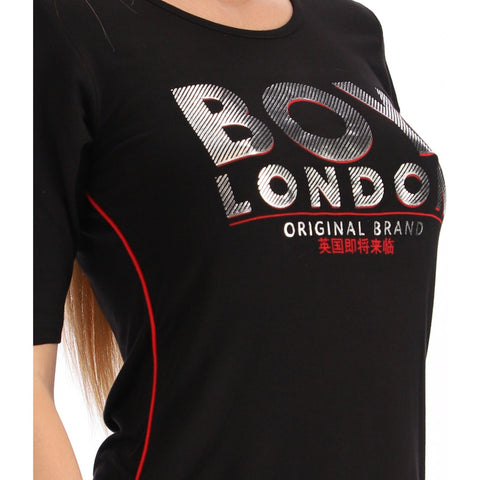 Playera Boy London Mujer Negra Letras Plateadas Rojo