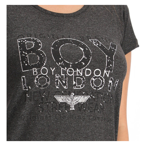 Playera Boy London Mujer Gris Foil Plateado Tipográfica