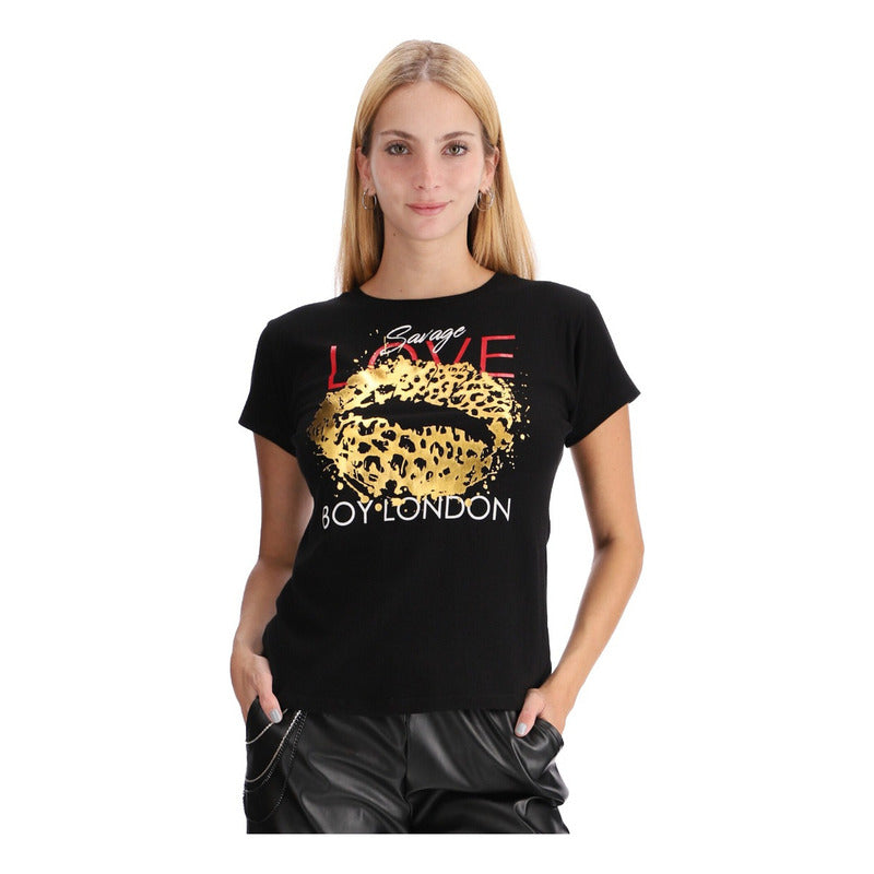 Playera Negra Mujer De Algodon Labios Foil Oro Boy London