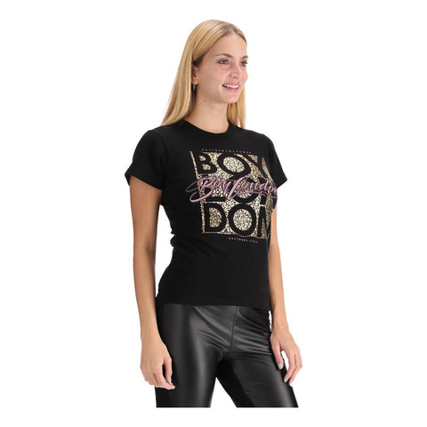 Playera Negra de  Mujer Foil Oro Letras Rosas Brillos Boy London